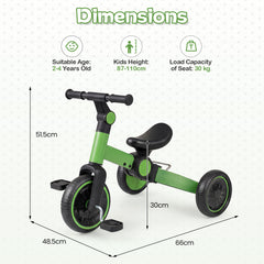 5-In-1 Toddler Bike Kids Balance Bike with Removable Pedals-Green