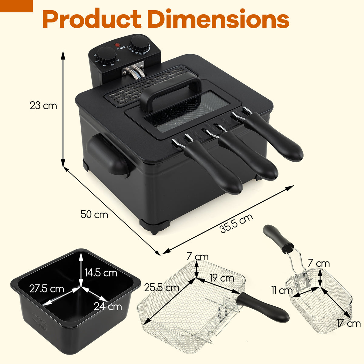 5 Liter 2000W Electric Deep Fryer Oil Fryer with 3 Detachable Frying Baskets