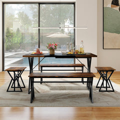 5-Piece Dining Room Set for 4-6 People Industrial Rectangular Kitchen Table with 2 Benches and 2 Stools-Rustic Brown