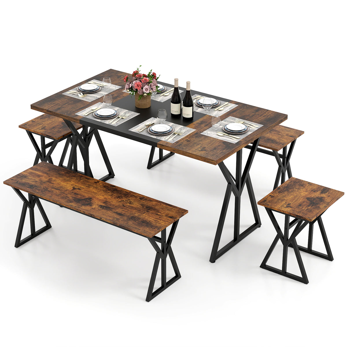 5-Piece Dining Room Set for 4-6 People Industrial Rectangular Kitchen Table with 2 Benches and 2 Stools-Rustic Brown
