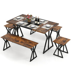5-Piece Dining Room Set for 4-6 People Industrial Rectangular Kitchen Table with 2 Benches and 2 Stools-Rustic Brown