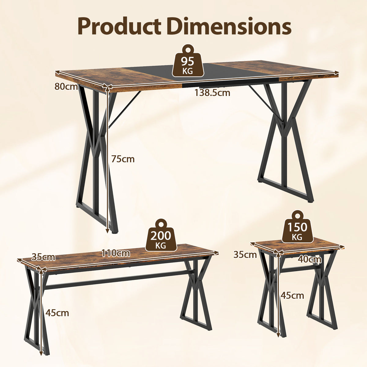 5-Piece Dining Room Set for 4-6 People Industrial Rectangular Kitchen Table with 2 Benches and 2 Stools-Rustic Brown