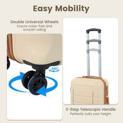 The kids luggage highlighting the rotating wheels and the adjustable handle