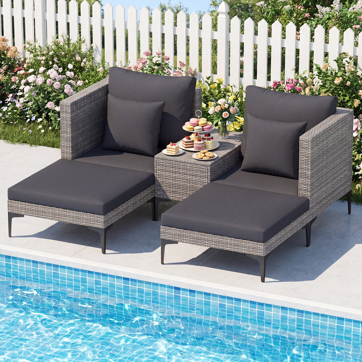 5-Piece Patio Conversation Set with 2 Armchairs 2 Ottomans and Side Table-Dark Grey