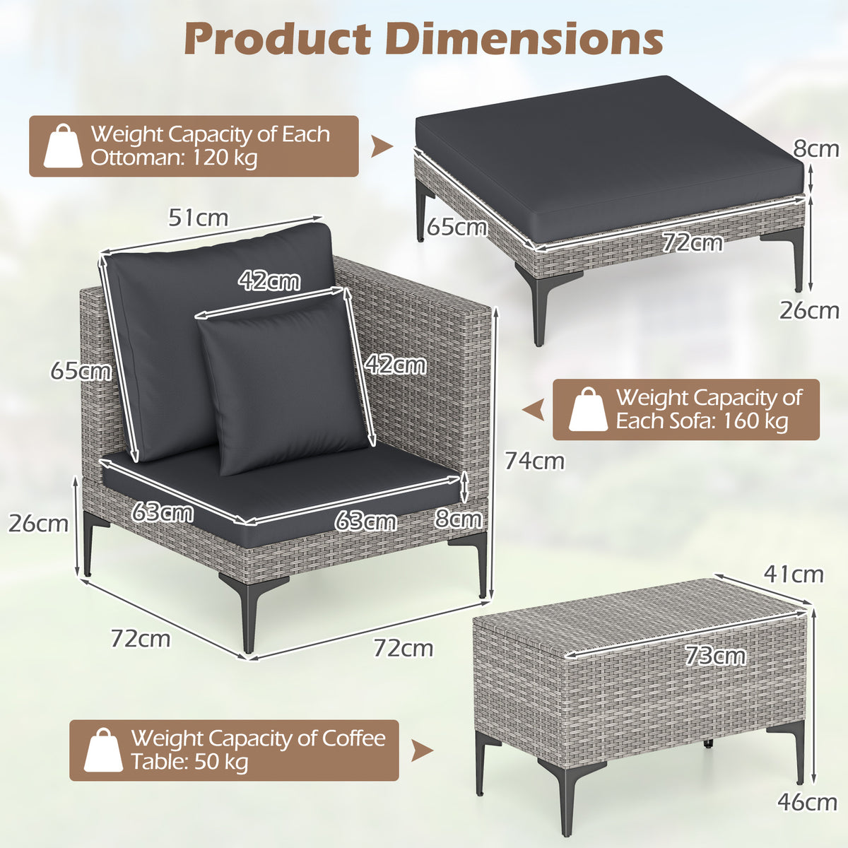 5-Piece Patio Conversation Set with 2 Armchairs 2 Ottomans and Side Table-Dark Grey