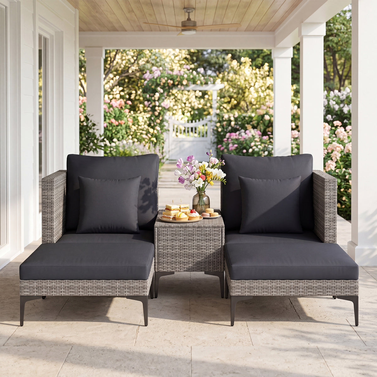 5-Piece Patio Conversation Set with 2 Armchairs 2 Ottomans and Side Table-Dark Grey