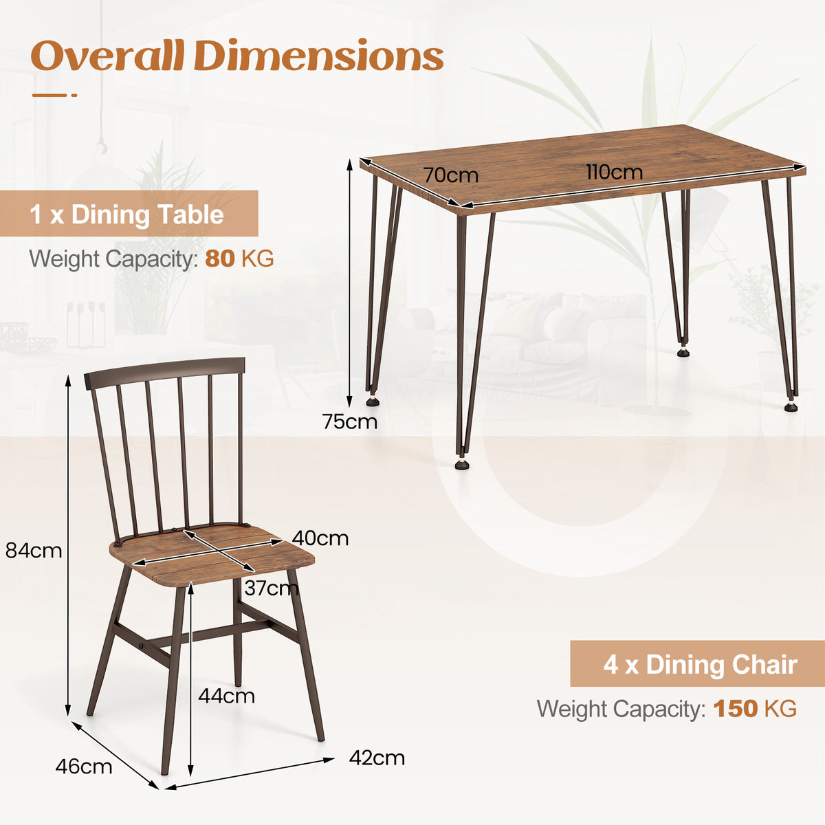 5-Piece Dining Table Set for 4 with Swivel Feet for Living Room-Walnut
