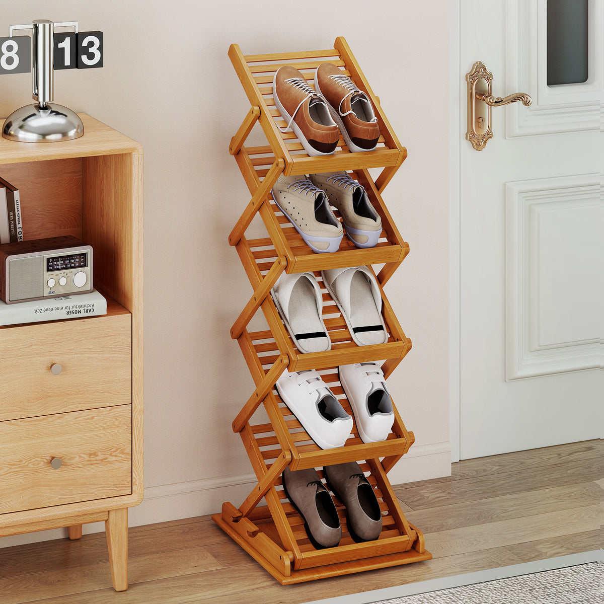 5-Pocket Foldable Bamboo Magazine Rack with 2 Adjustable Positions-Walnut