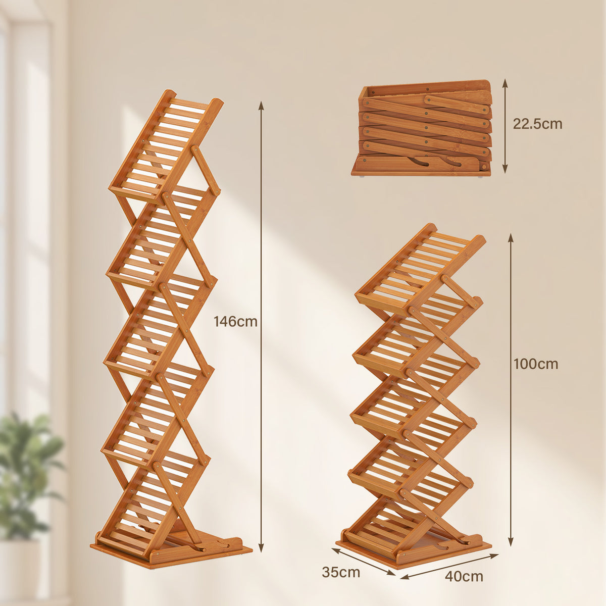 5-Pocket Foldable Bamboo Magazine Rack with 2 Adjustable Positions-Walnut