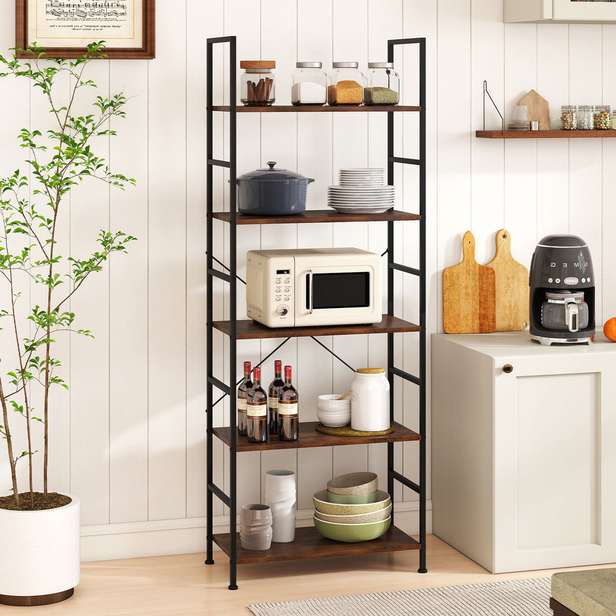 5-Tier 160 cm Tall Bookcase with Industrial Shelves and Metal Frame for Home Office-Brown