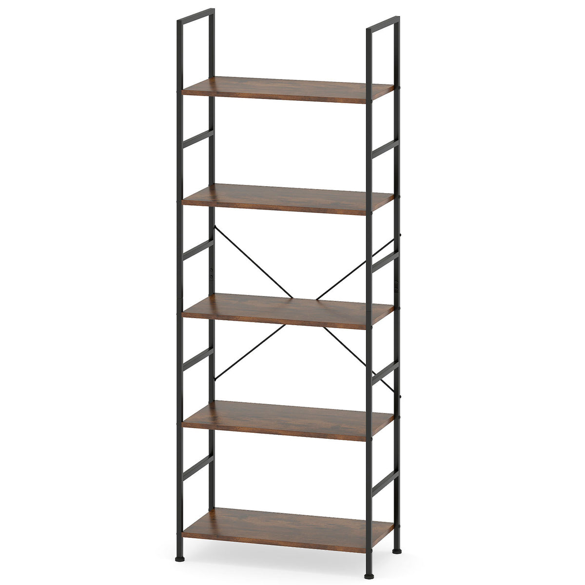 5-Tier 160 cm Tall Bookcase with Industrial Shelves and Metal Frame for Home Office-Brown