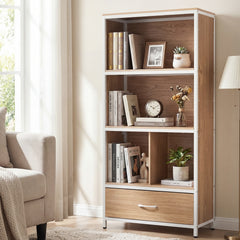 5-Tier Bookshelf Freestanding Bookcase with 4 Storage Compartments-Natural