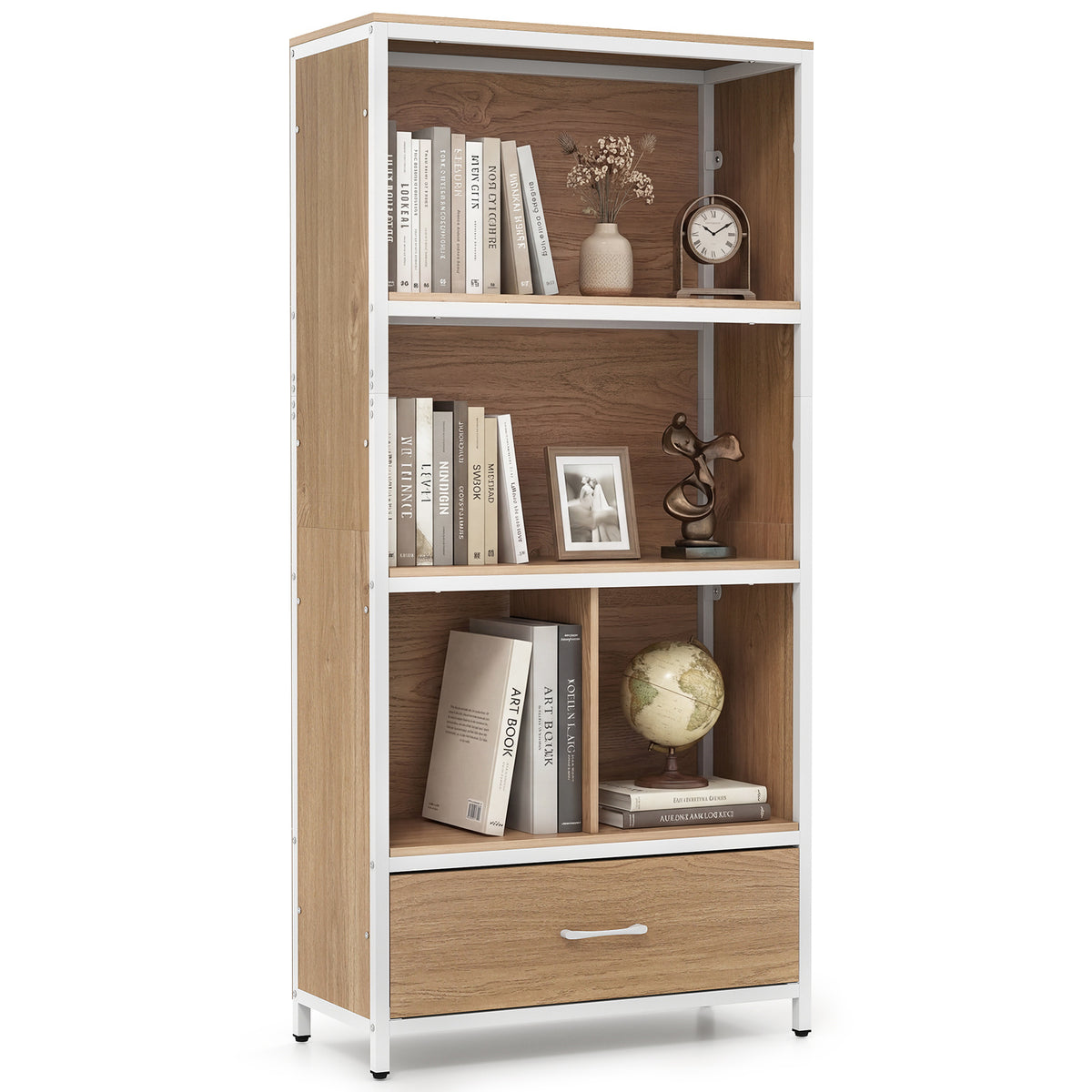 5-Tier Bookshelf Freestanding Bookcase with 4 Storage Compartments-Natural