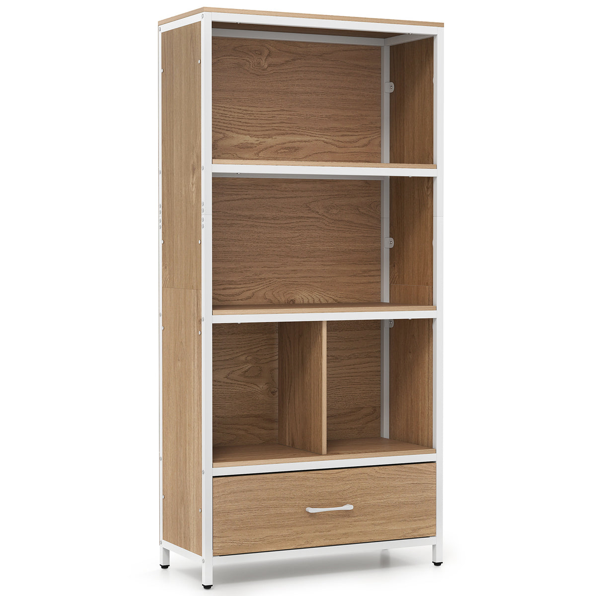 5-Tier Bookshelf Freestanding Bookcase with 4 Storage Compartments-Natural