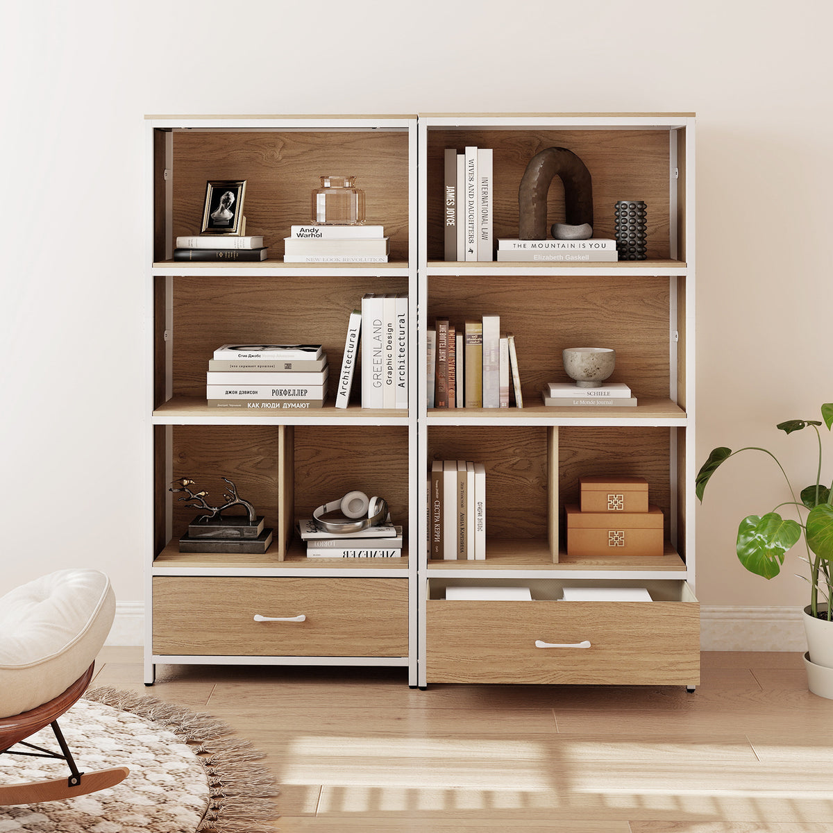 5-Tier Bookshelf Freestanding Bookcase with 4 Storage Compartments-Natural