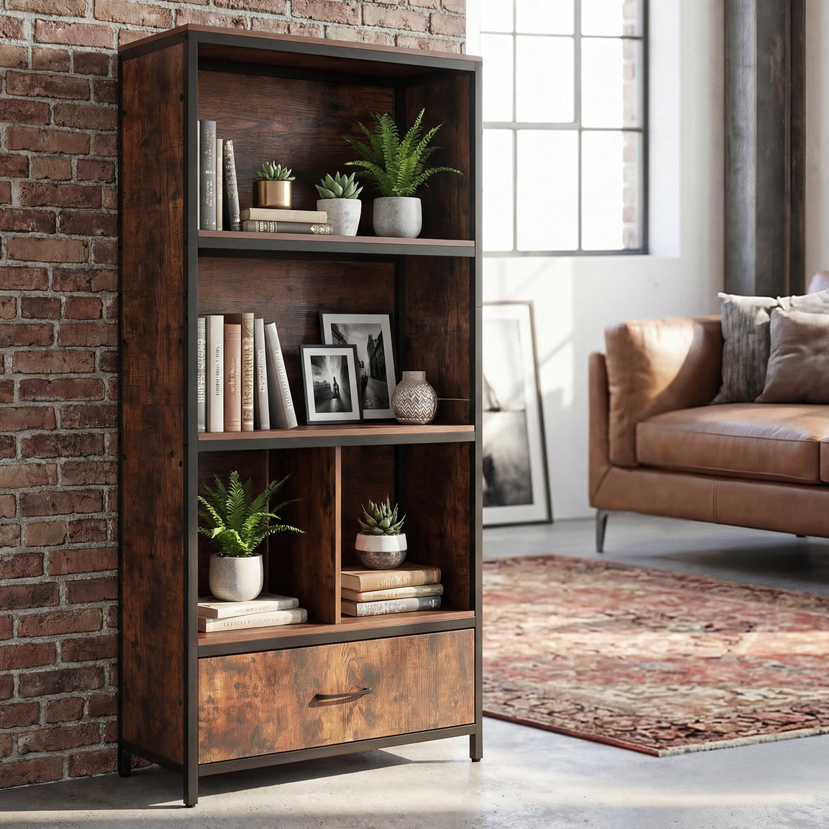 5-Tier Bookshelf Freestanding Bookcase with 4 Storage Compartments-Rustic Brown