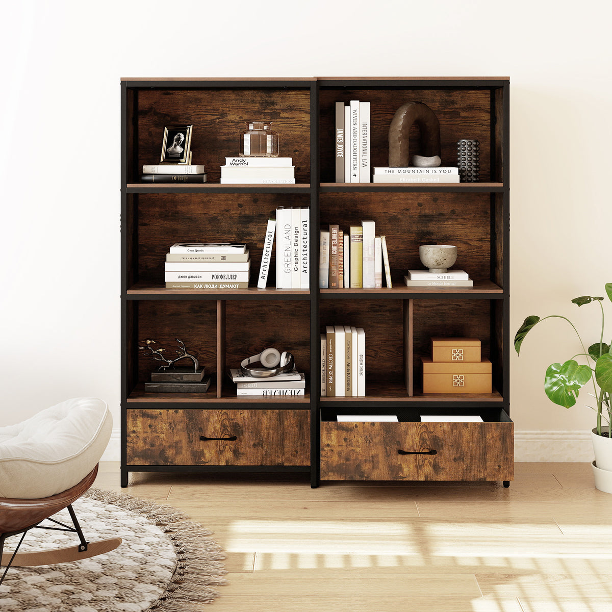 5-Tier Bookshelf Freestanding Bookcase with 4 Storage Compartments-Rustic Brown