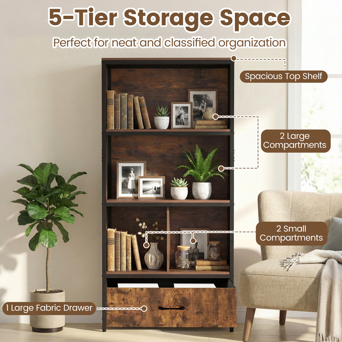 5-Tier Bookshelf Freestanding Bookcase with 4 Storage Compartments-Rustic Brown
