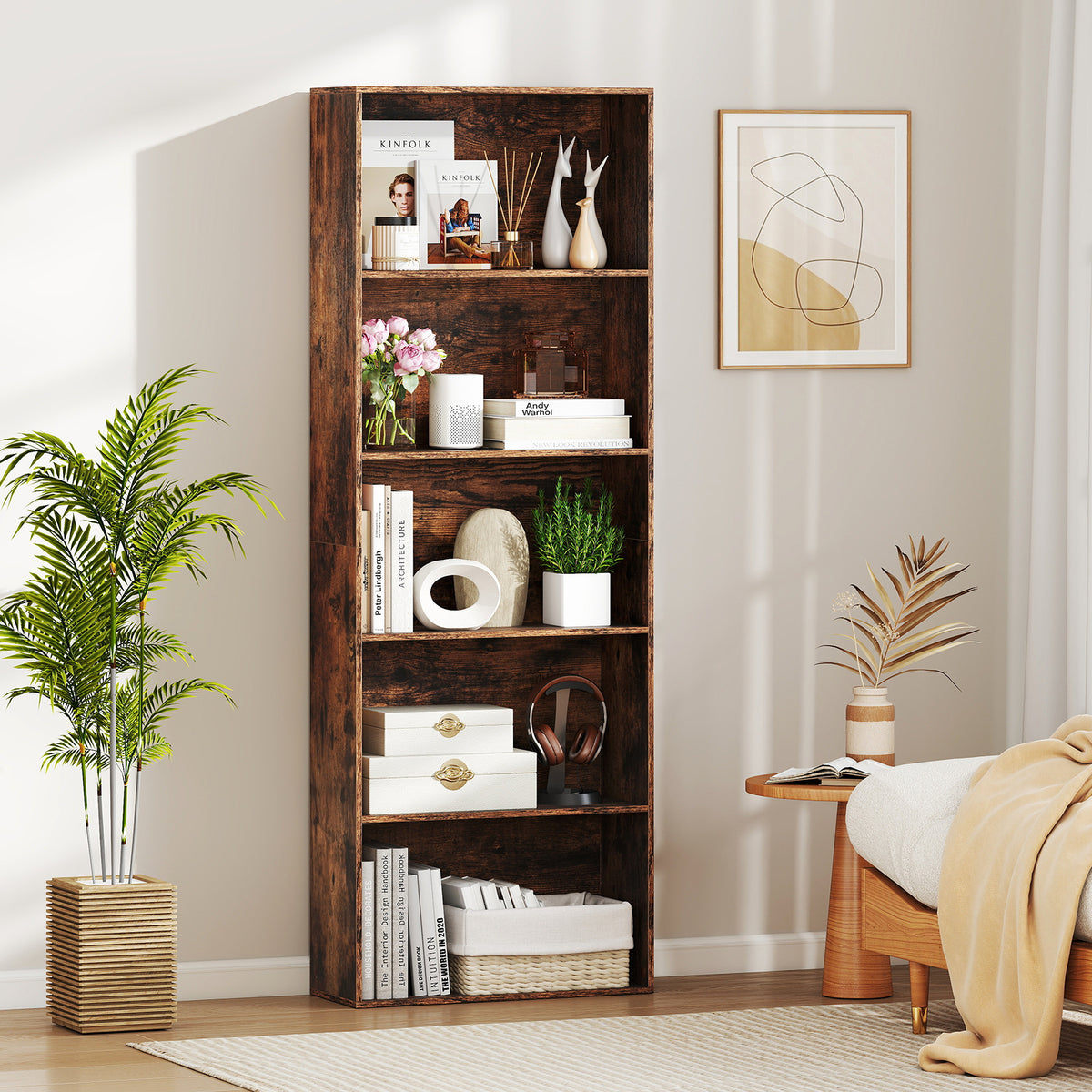 5-Tier Bookshelf with Freestanding Display Shelf and Storage Organizer for Living Room-Rustic Brown