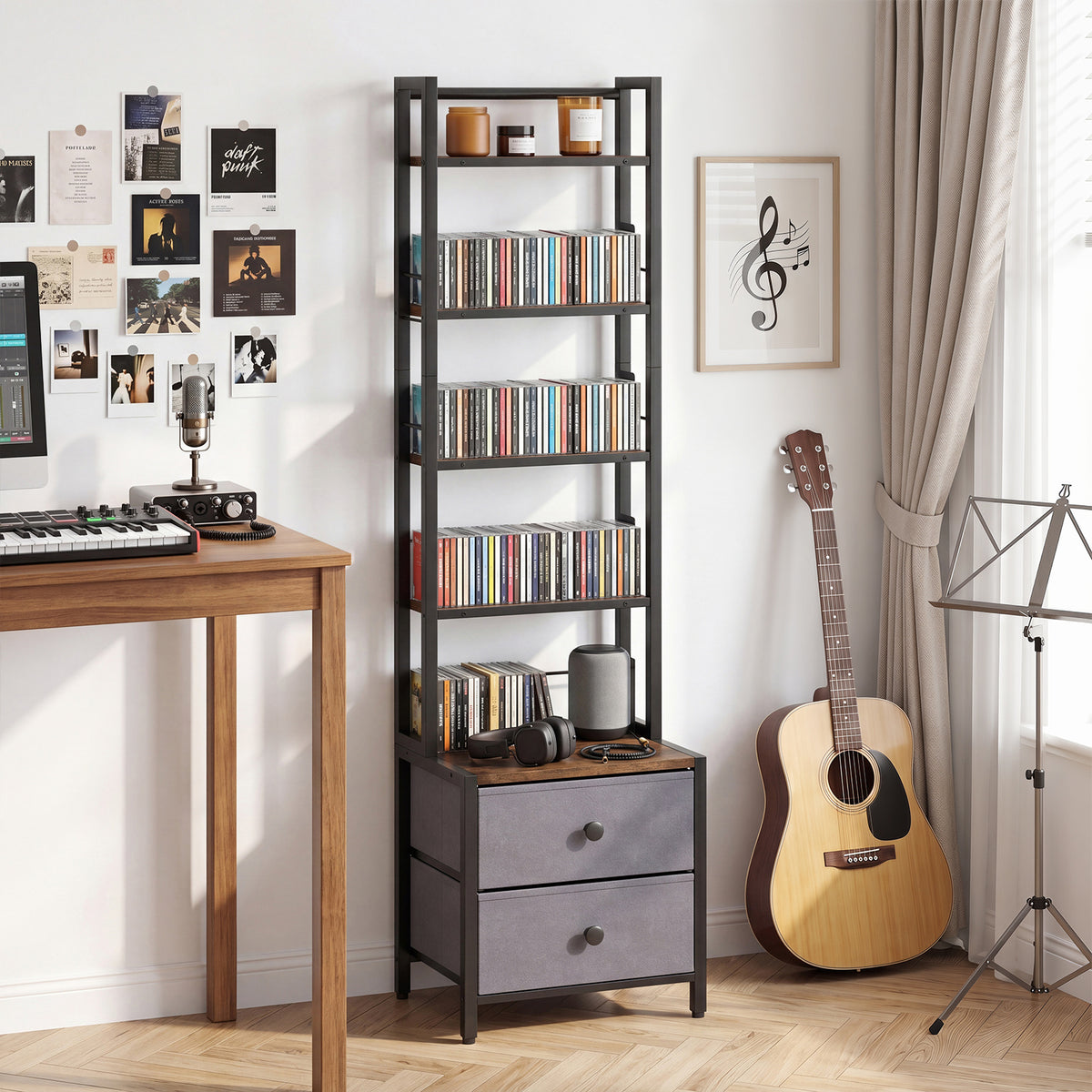 5-Tier CD Storage Rack with Drawers & Adjustable Stoppers for DVDs Books Games-Rustic Brown