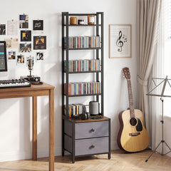 5-Tier CD Storage Rack with Drawers & Adjustable Stoppers for DVDs Books Games-Rustic Brown