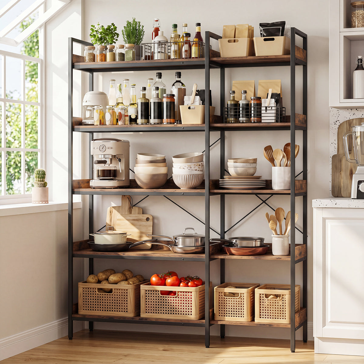 5-Tier Corner Bookshelf with Cross Braces and Anti-Tipping Kits for Home Office-Rustic Brown