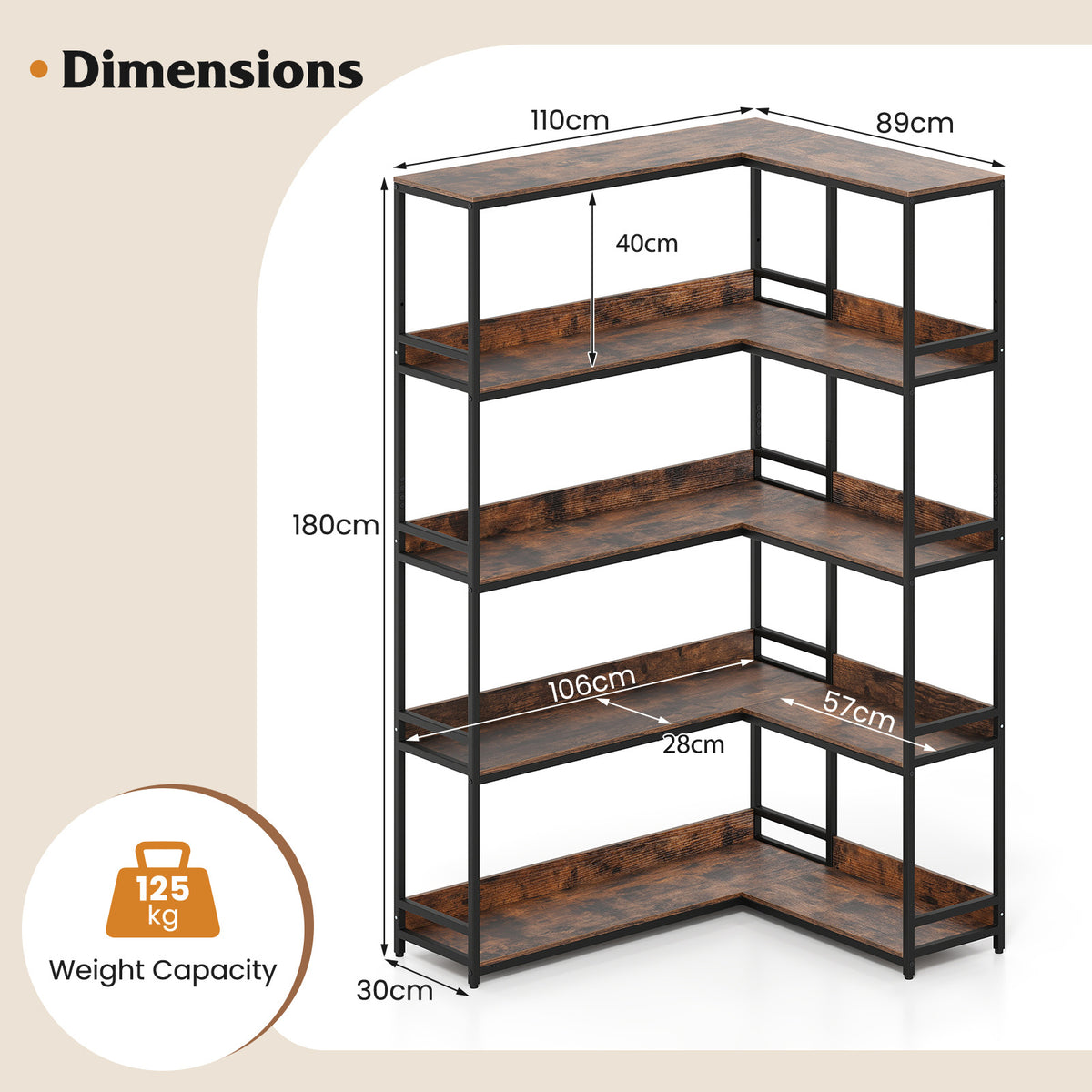 5-Tier Corner Bookshelf with Metal Frame for Living Room-Rustic Brown