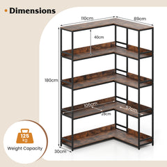 5-Tier Corner Bookshelf with Metal Frame for Living Room-Rustic Brown