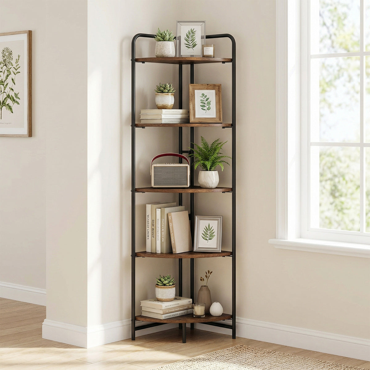 5-Tier Folding Corner Shelf Freestanding Open Display Rack with Heavy-duty Metal Frame-Rustic Brown