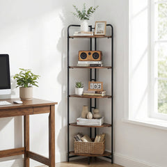 5-Tier Folding Corner Shelf Freestanding Open Display Rack with Heavy-duty Metal Frame-Rustic Brown