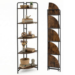 5-Tier Folding Corner Shelf Freestanding Open Display Rack with Heavy-duty Metal Frame-Rustic Brown