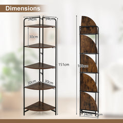 5-Tier Folding Corner Shelf Freestanding Open Display Rack with Heavy-duty Metal Frame-Rustic Brown