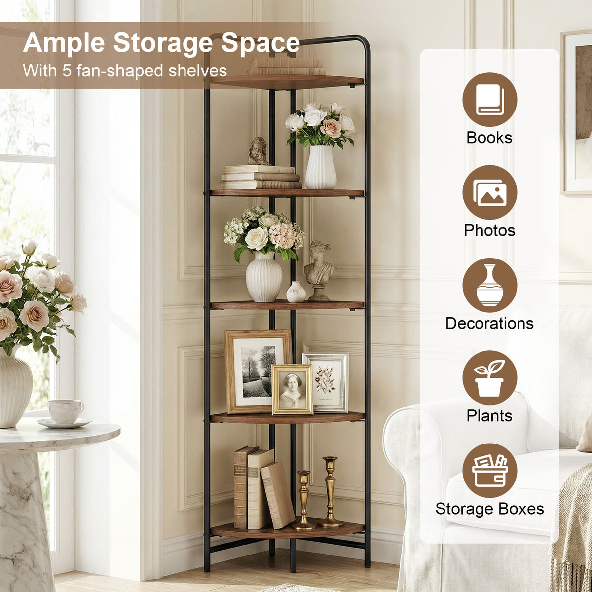 5-Tier Folding Corner Shelf Freestanding Open Display Rack with Heavy-duty Metal Frame-Rustic Brown