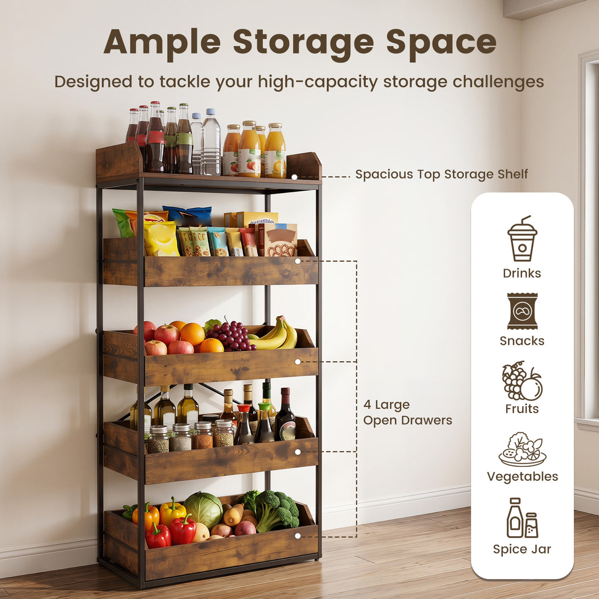 5-Tier Food Storage Rack Retail Snack Display Shelf with 4 Pull-out Drawers-Rustic Brown
