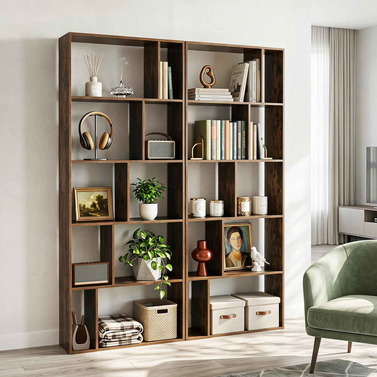 5-Tier Geometric Bookshelf with 10 Open Cubbies-Rustic Brown