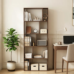 5-Tier Geometric Bookshelf with 10 Open Cubbies-Rustic Brown