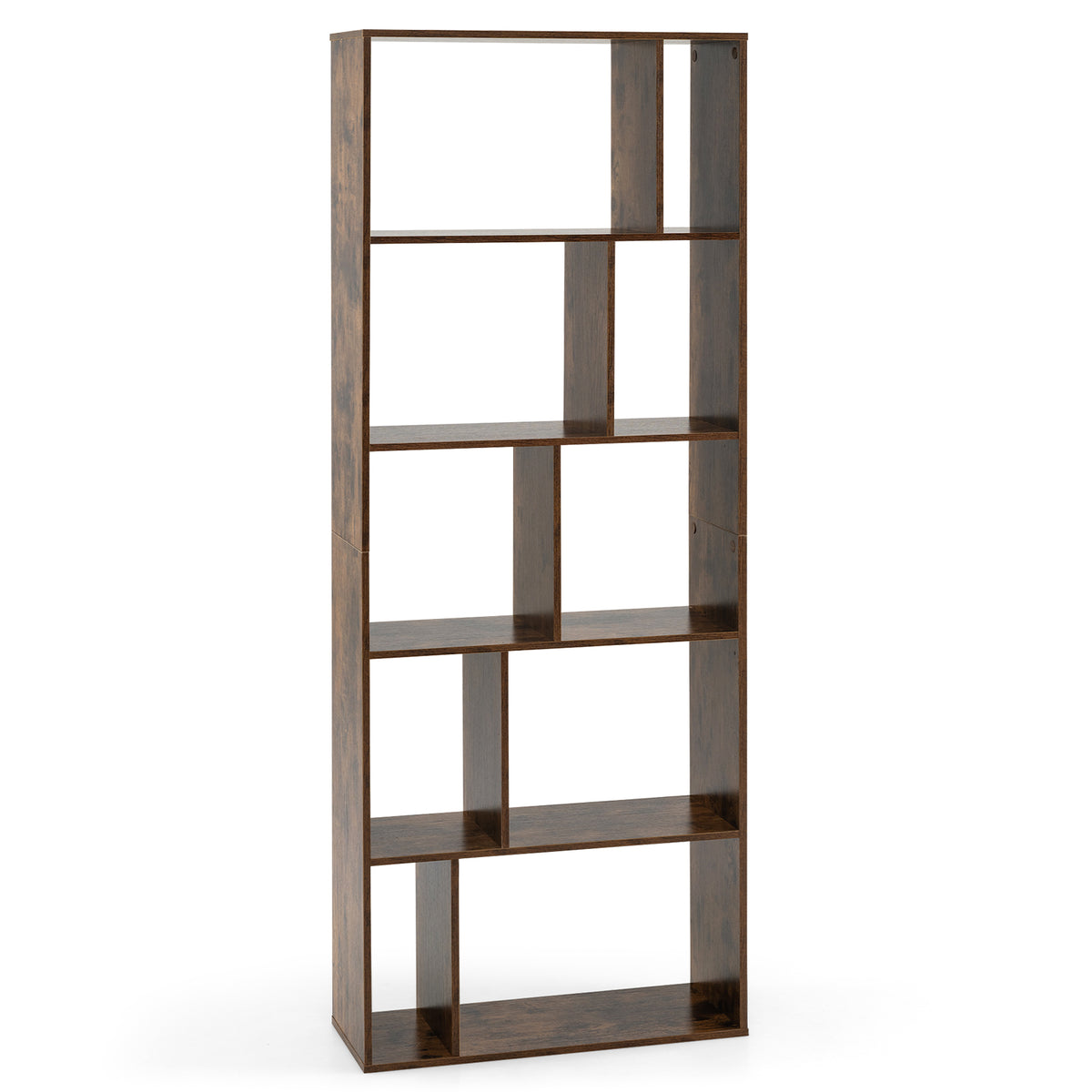 5-Tier Geometric Bookshelf with 10 Open Cubbies-Rustic Brown