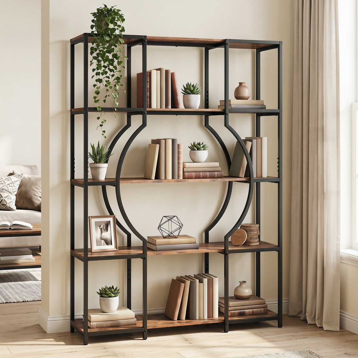 5-Tier Industrial Geometric Display Shelf with Open Shelves-Rustic Brown