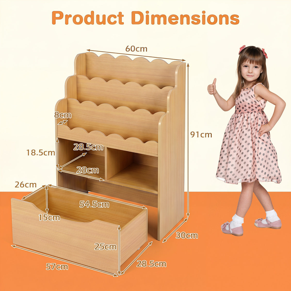 5-Tier Kids Bookshelf with Shelves & Rolling Drawer for Nursery Playroom-Natural