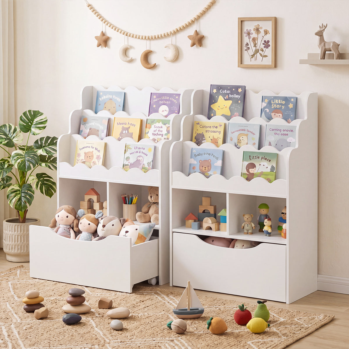 5-Tier Kids Bookshelf with Shelves & Rolling Drawer for Nursery Playroom-White