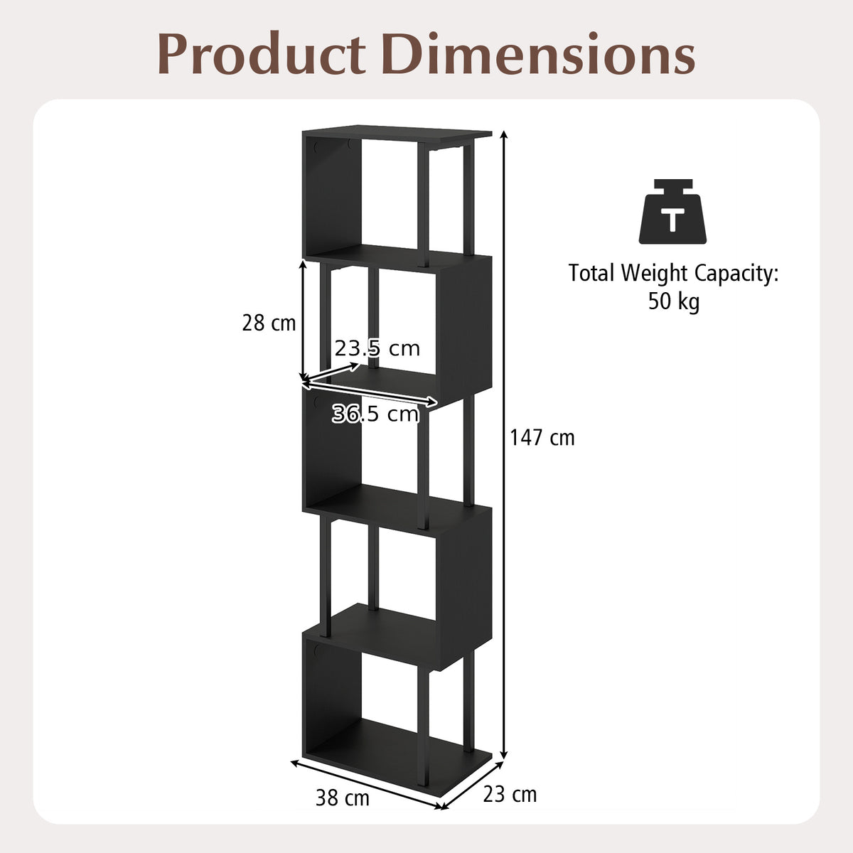 5-Tier Modern Bookshelf with Metal Frame for Home Office-Black