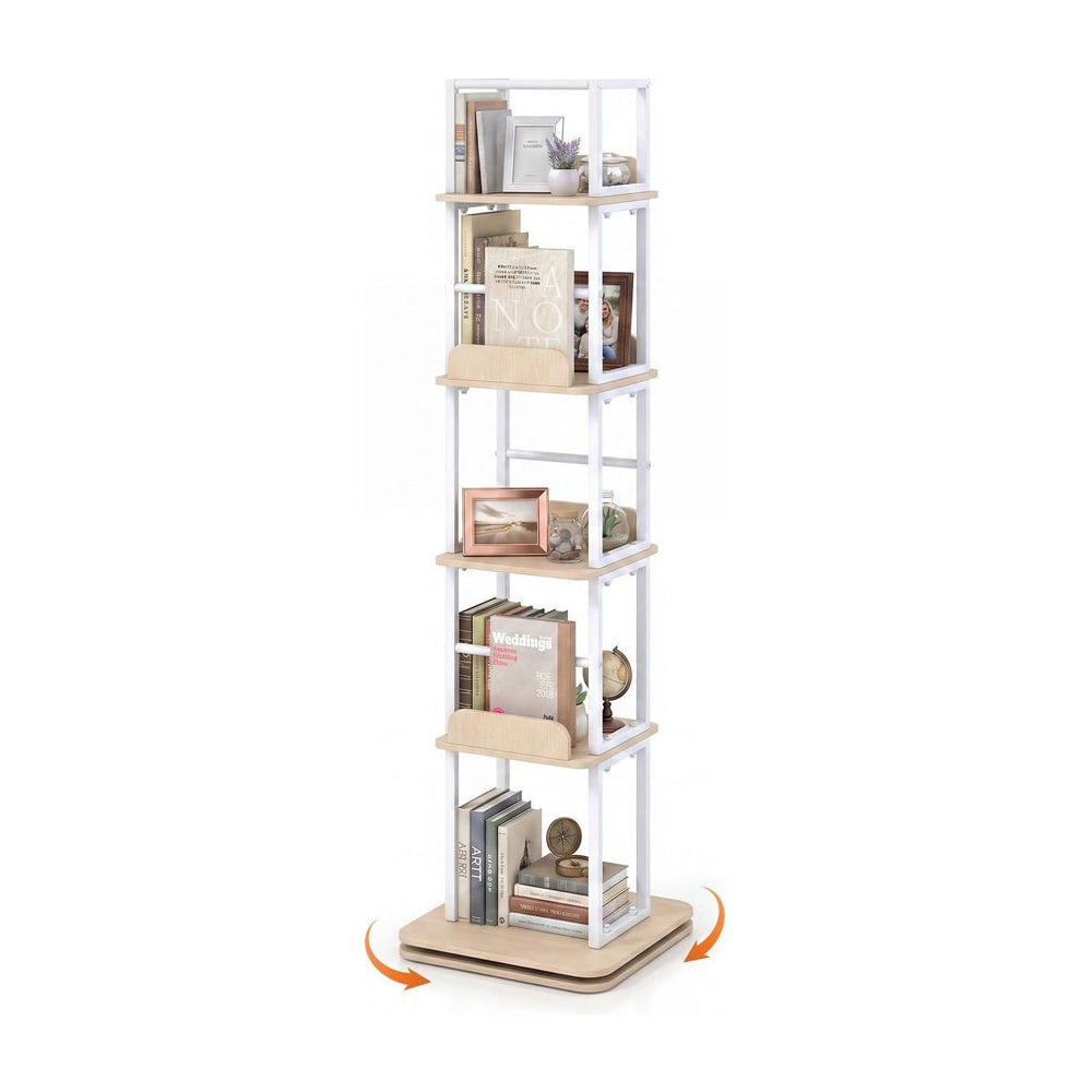 5-Tier Rotating Bookshelf Tower with oak effect shelves and white frame