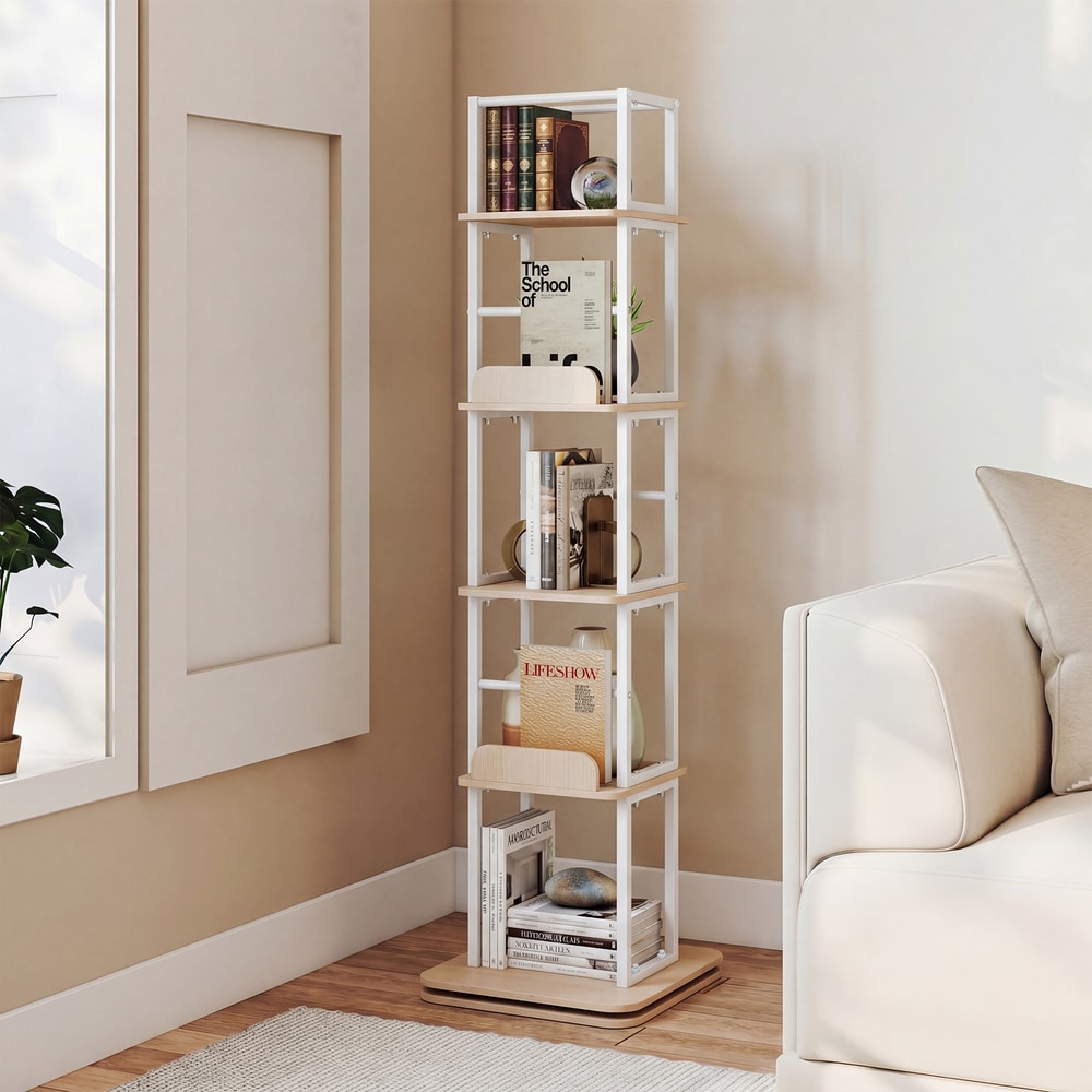 5-Tier Rotating Bookshelf Tower, the oak effect bookcase is placed next to a sofa in a living room