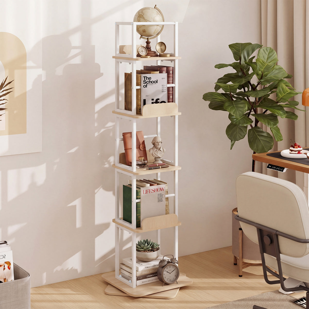 5-Tier Rotating Bookshelf Tower with 360° Spin & Side Rails for Small Spaces-Oak