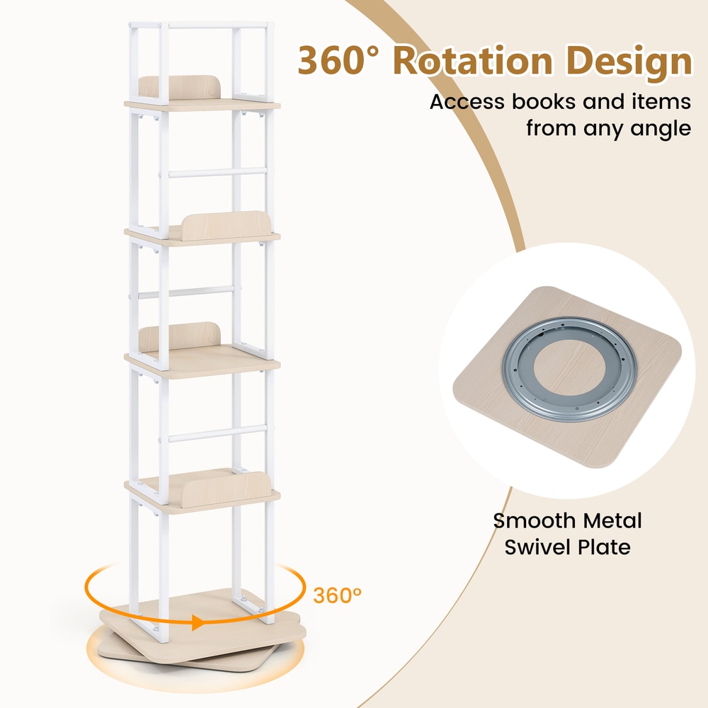 The rotating bookcase features a 360 degree swivel plate for easy access