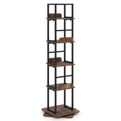 5-Tier Rotating Bookshelf Tower with 360° Spin & Side Rails for Small Spaces-Rustic Brown