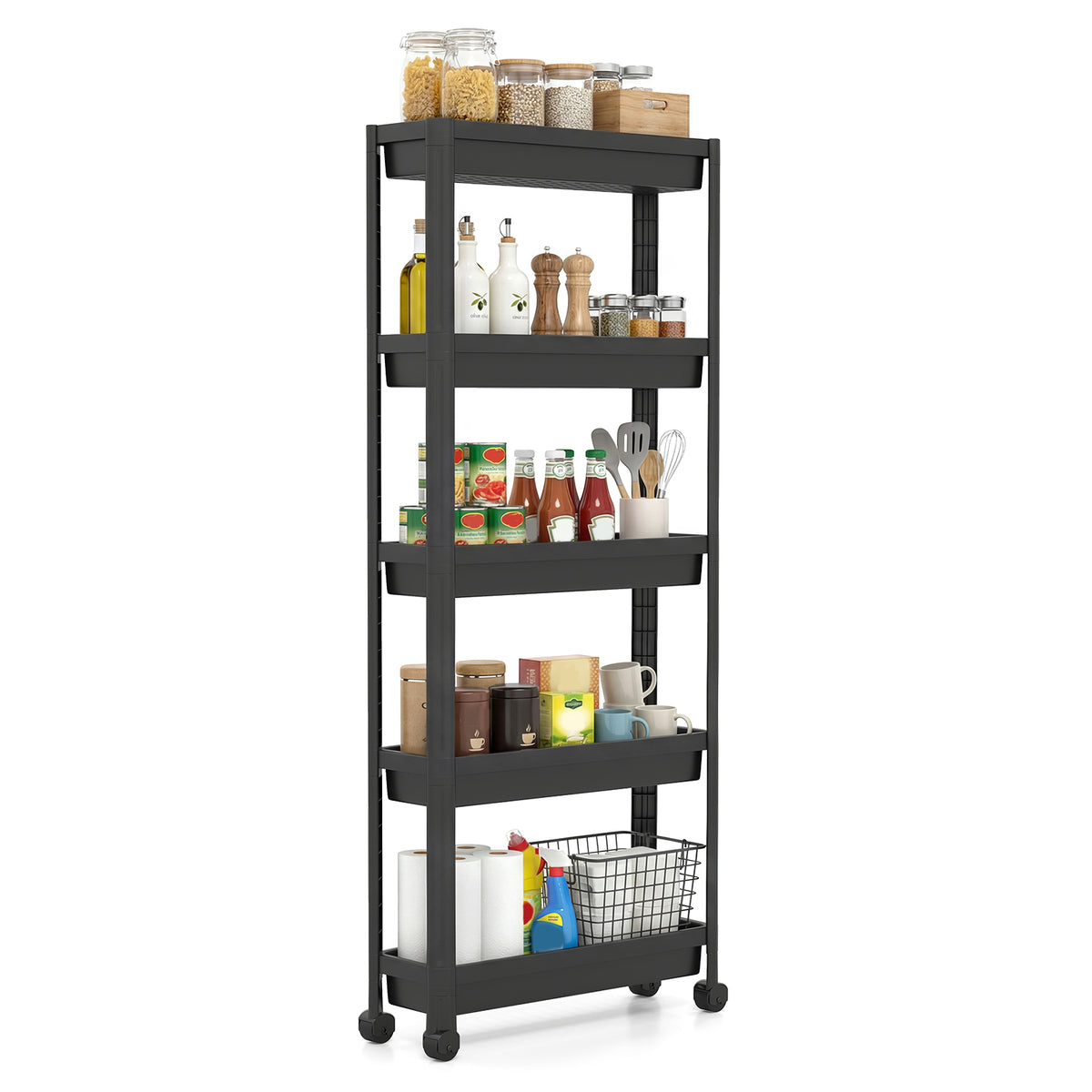5-Tier Slim Rolling Storage Cart with Smooth Wheels for Kitchen-Black
