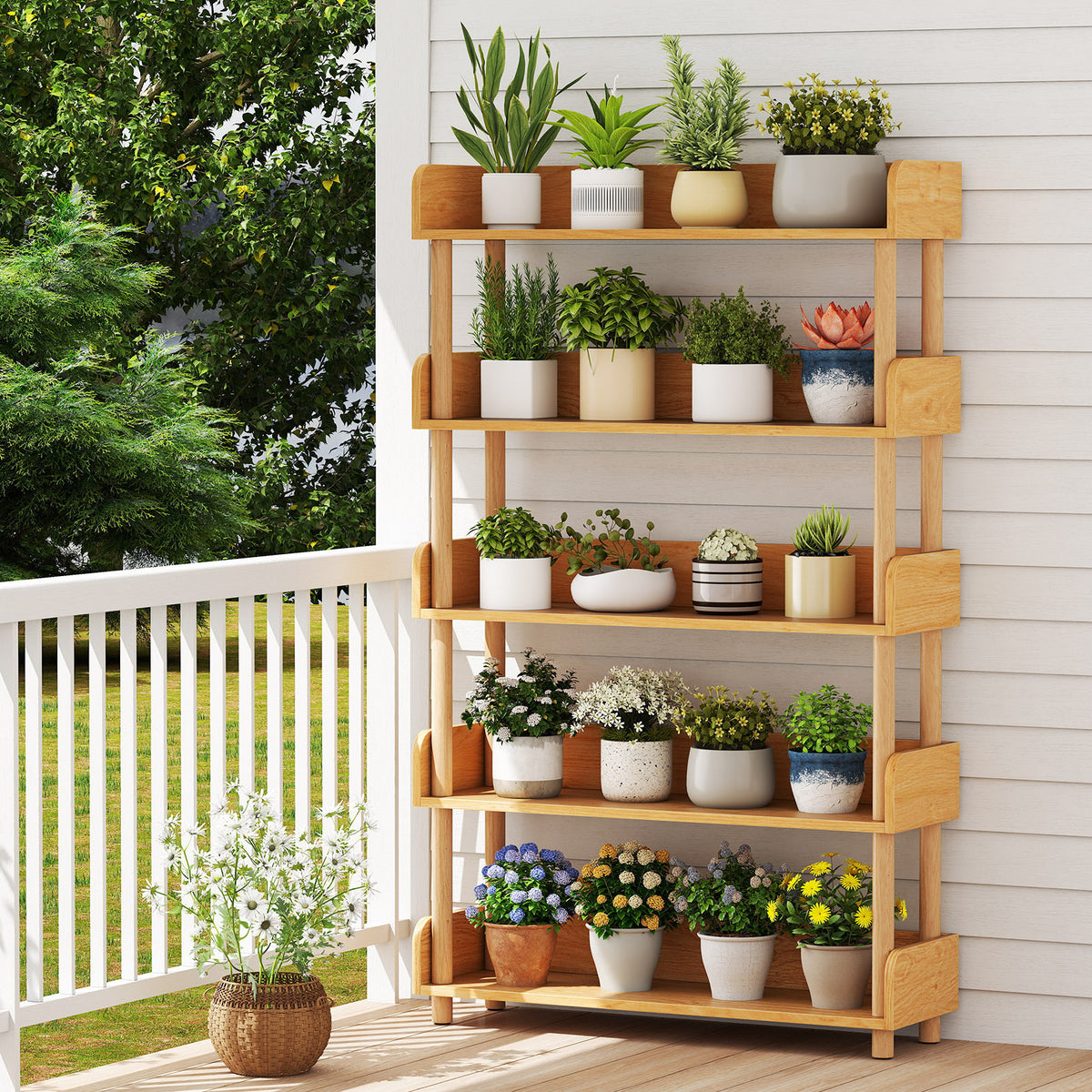 5-Tier Wooden Bookshelf with Sturdy Pine Wood Posts and Elevated Guardrails for Living Room-Natrual