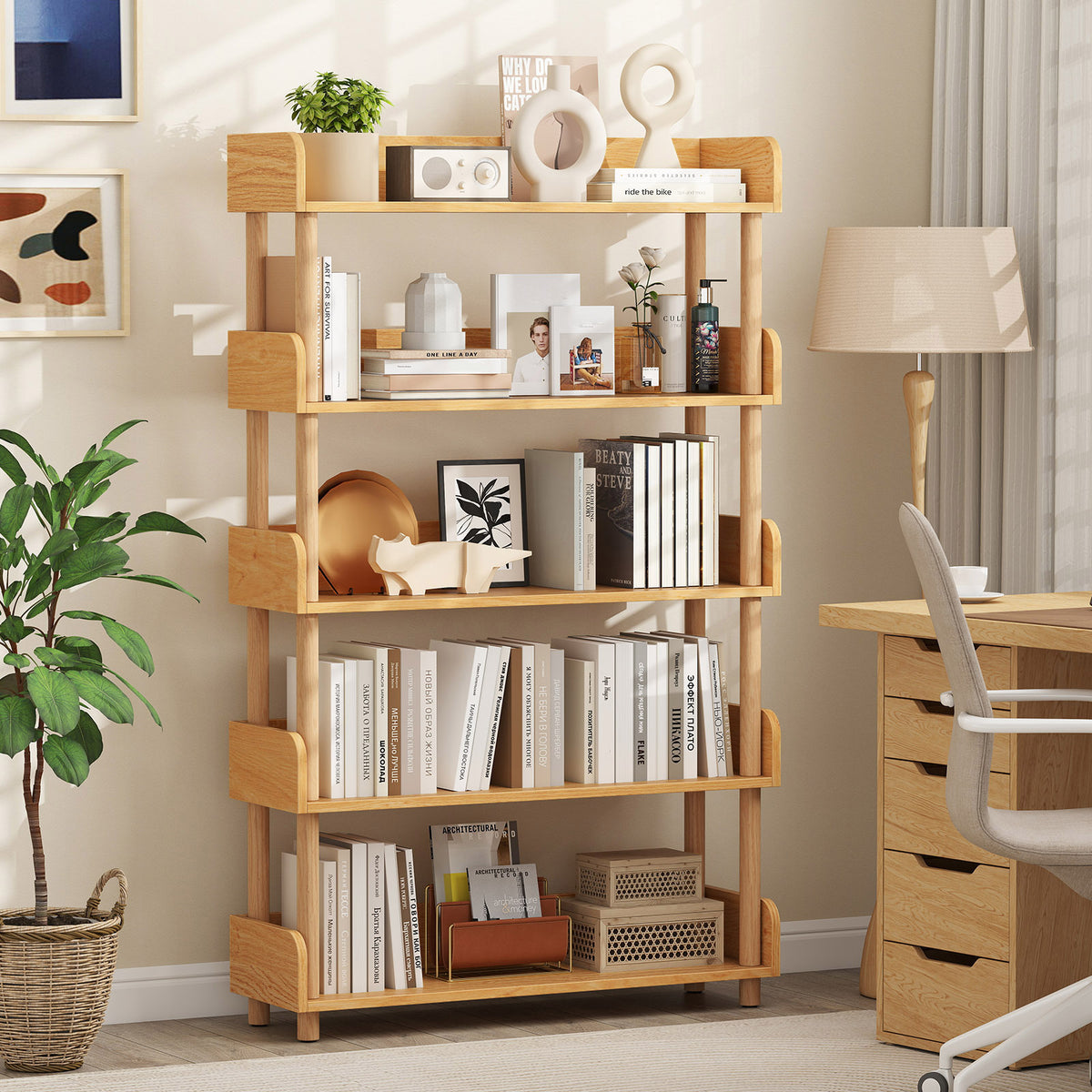 5-Tier Wooden Bookshelf with Sturdy Pine Wood Posts and Elevated Guardrails for Living Room-Natrual