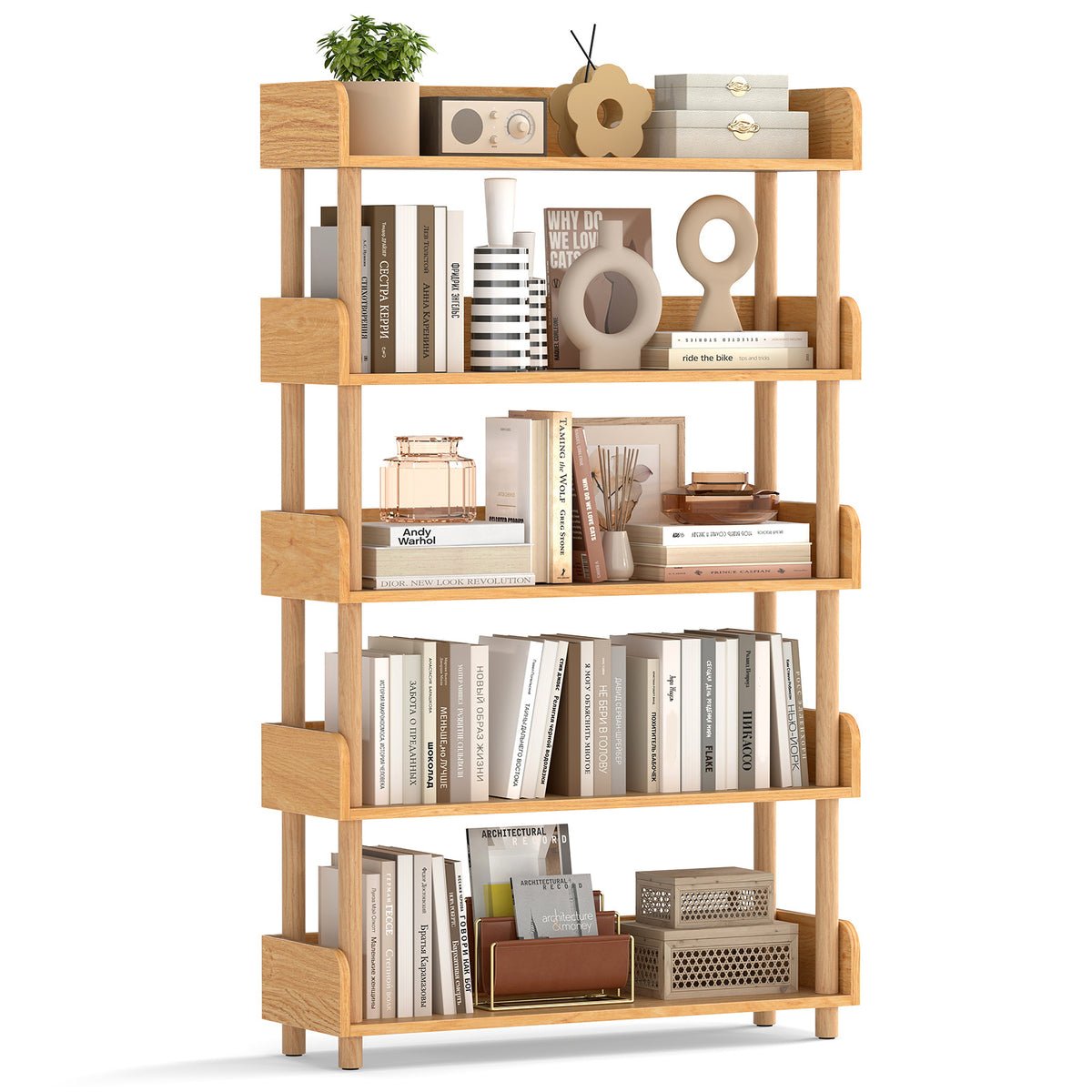 5-Tier Wooden Bookshelf with Sturdy Pine Wood Posts and Elevated Guardrails for Living Room-Natrual